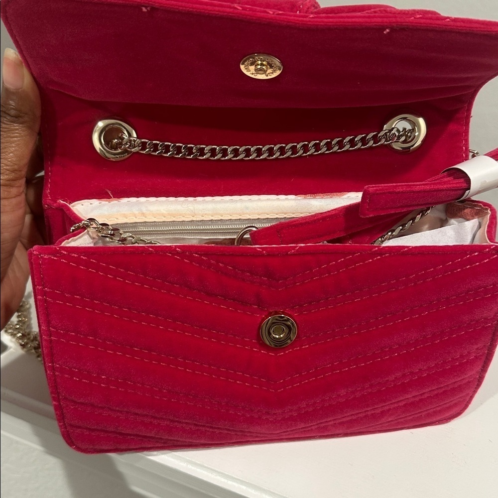 Fuchsia Pink (Hot Pink) Velvet Quilted Crossbody Bag with Bow - Picture 2 of 4